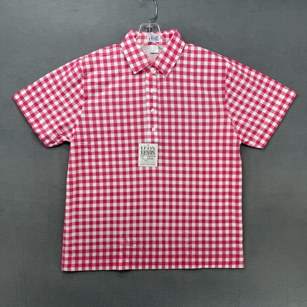 Leon Levin Polo Shirt Womens Large Red Checkered Preppy Top Short Sleeve Blouse